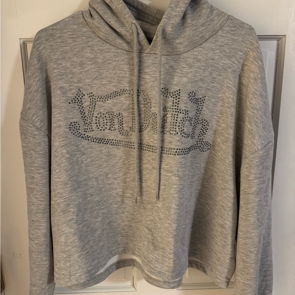 Von Dutch Heather Gray Rhinestone Logo Cropped Hoodie